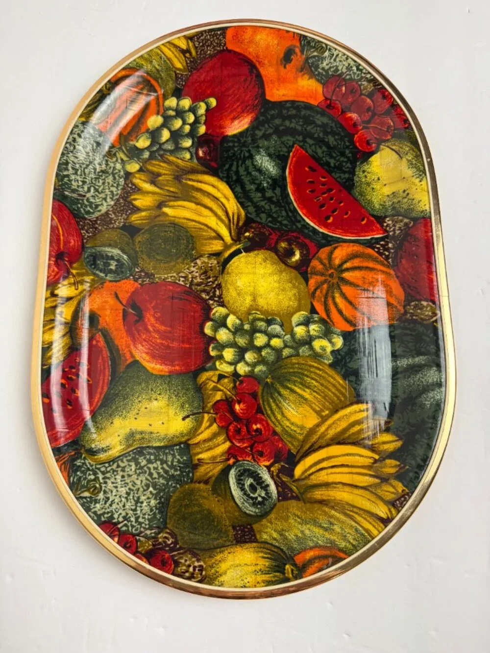 Vintage Mid Century Oval Serving Tray Fruit Still Life Gold Metal Rim Decor